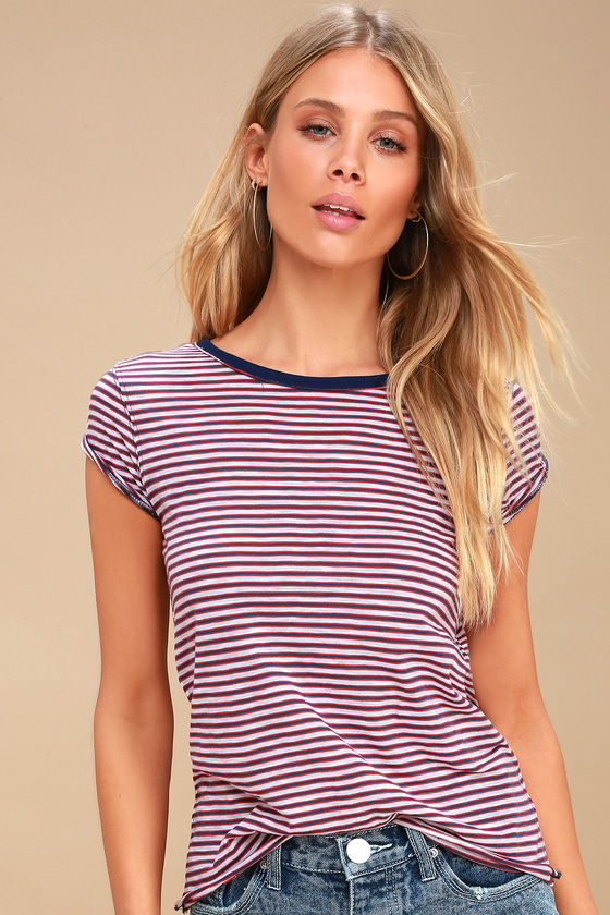 Free People Clare - Red and Navy Blue Striped Tee - T-Shirt - Lulus