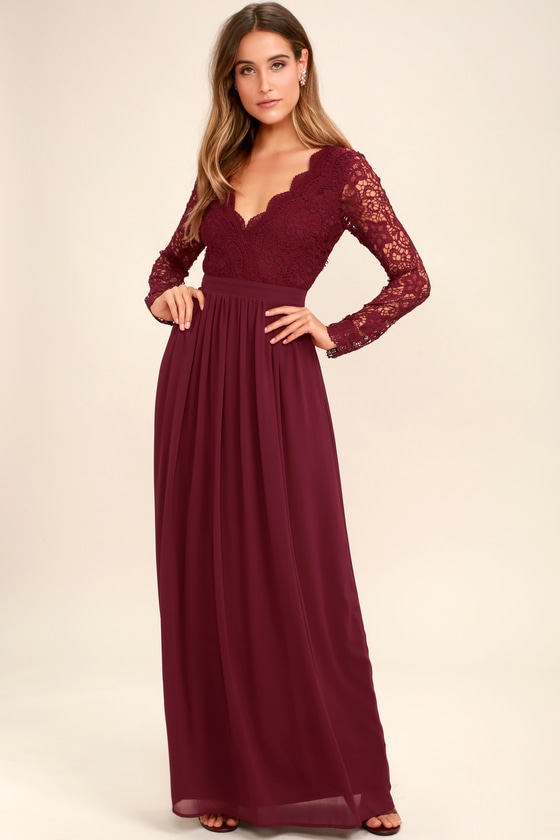 Lovely Burgundy  Dress  Lace Maxi  Dress  Long Sleeve Dress 