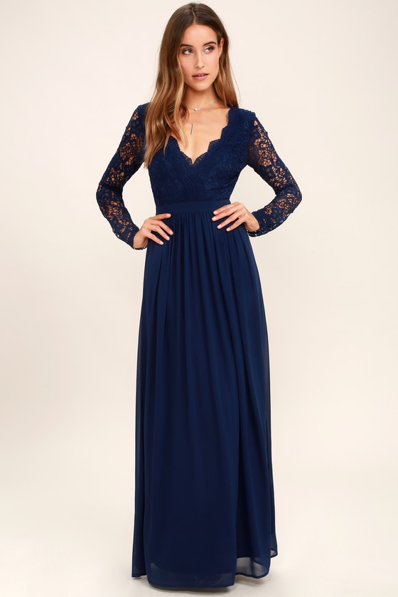 Navy Blue Dress Maxi Dress Lace Dress Long Sleeve Dress Navy Blue Dress Maxi Dress Lace Dress Long Sleeve Dress