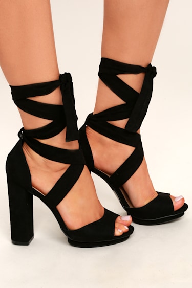 Lovely Black Heels Lace-Up Heels Vegan Suede Heels Lulus