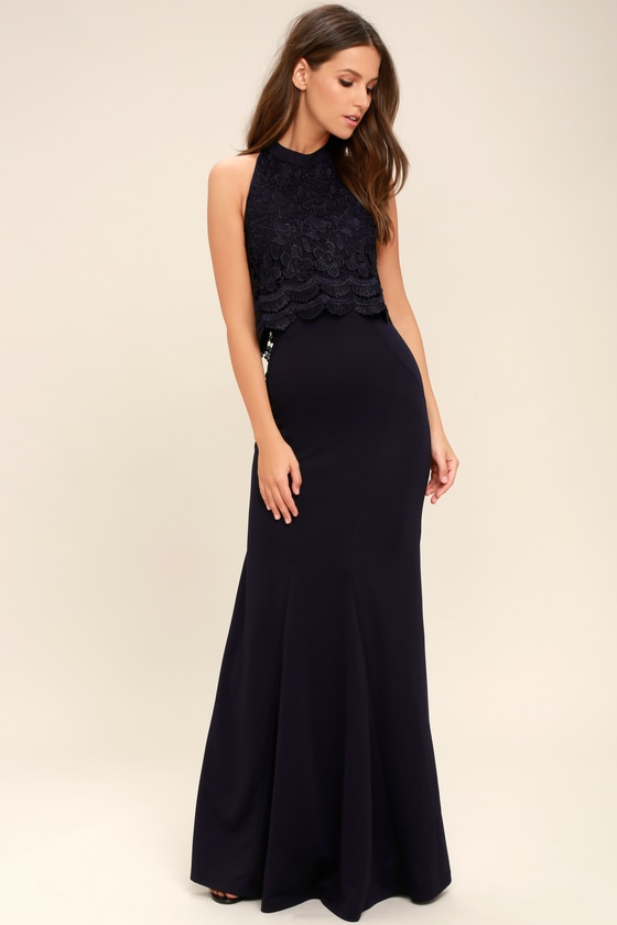 Sociable Navy Blue Lace Halter Maxi Dress