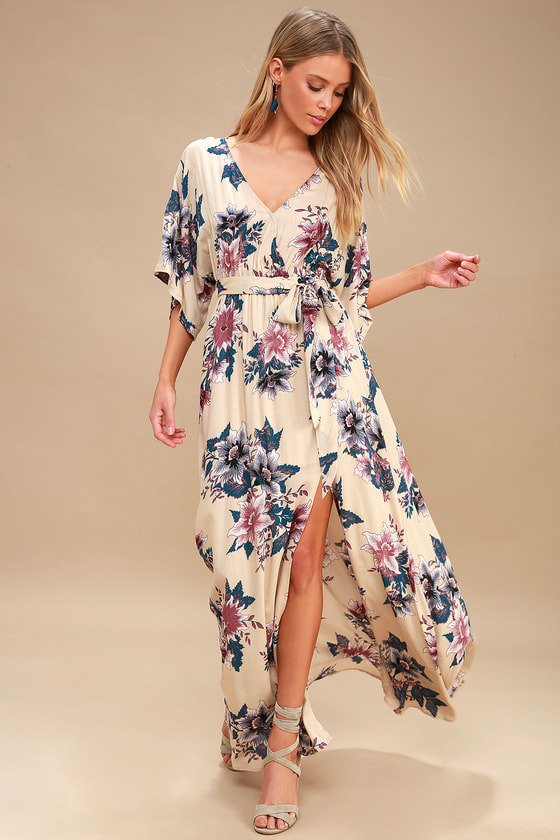 Lovely Beige Floral Print Dress - Maxi Dress - Wrap Dress - Lulus