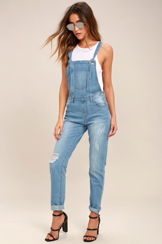 Glamorous Dolores Park Light Wash Distressed Denim Overalls 11