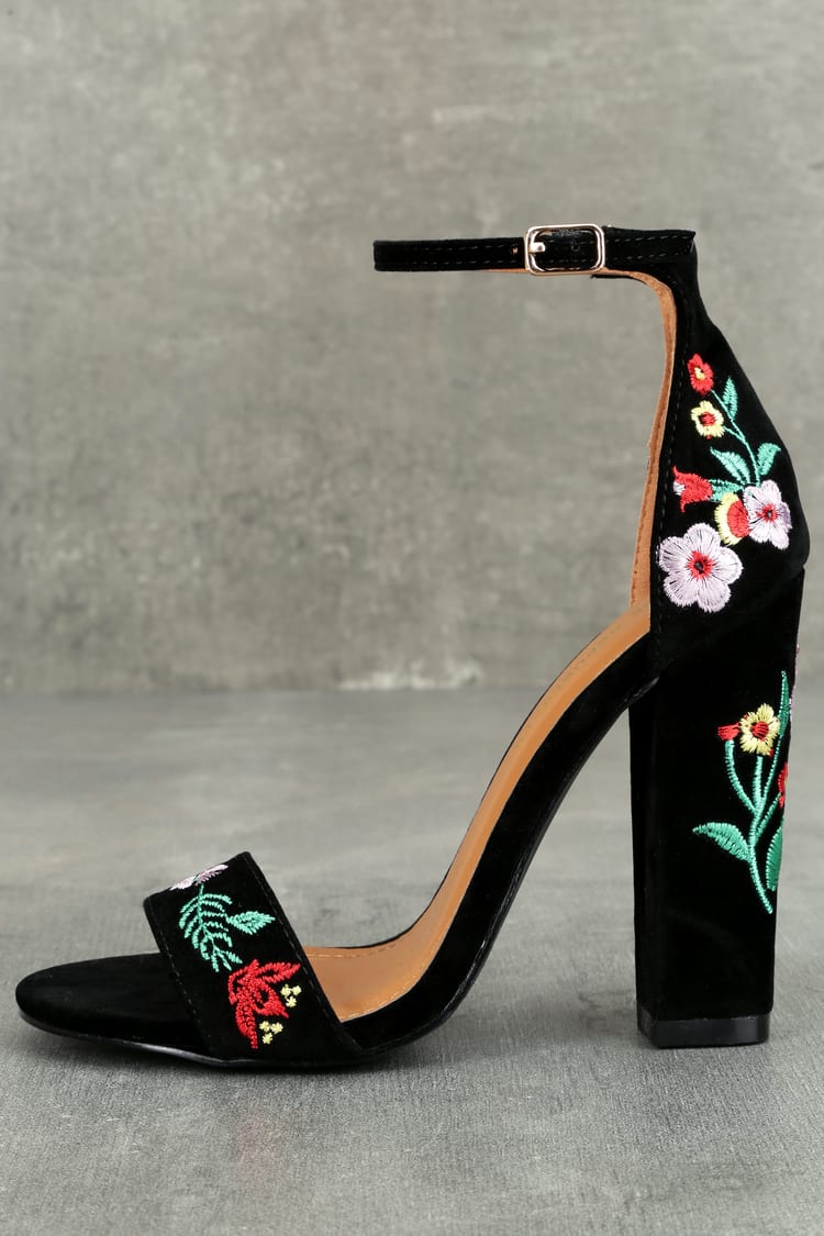 Chic Black Heels - Vegan Suede Heels - Embroidered Heels - $ - Lulus