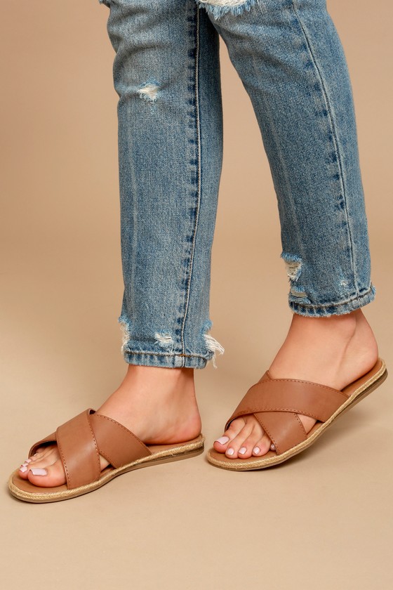 Tan Slide Sandals - Espadrille Slides - Vegan Leather Slides