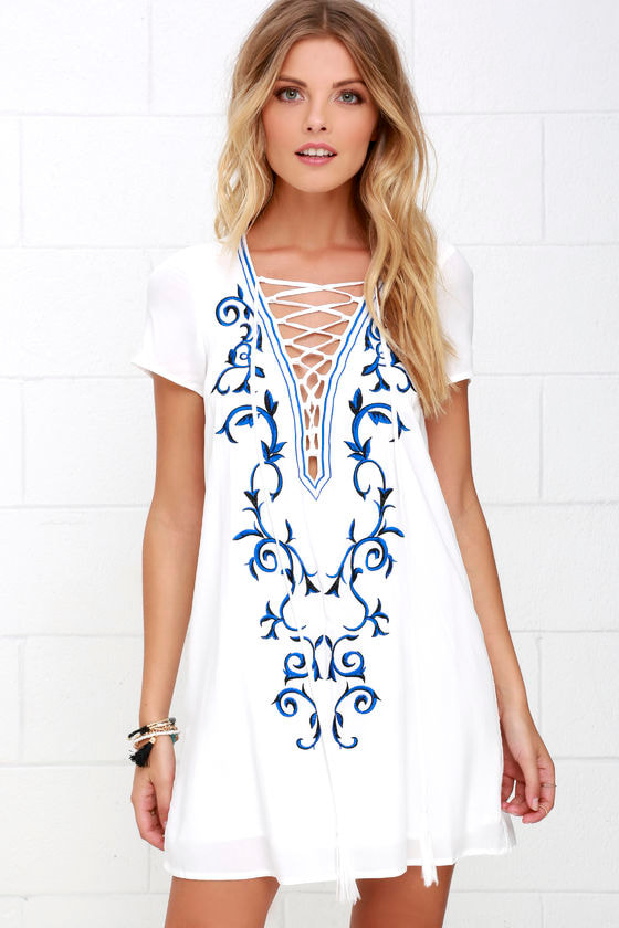 Down in Kokomo Ivory Embroidered Shift Dress