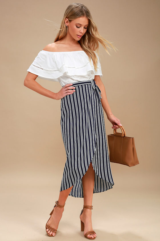 Cute Blue and White Skirt Striped Skirt Wrap Skirt Midi Skirt
