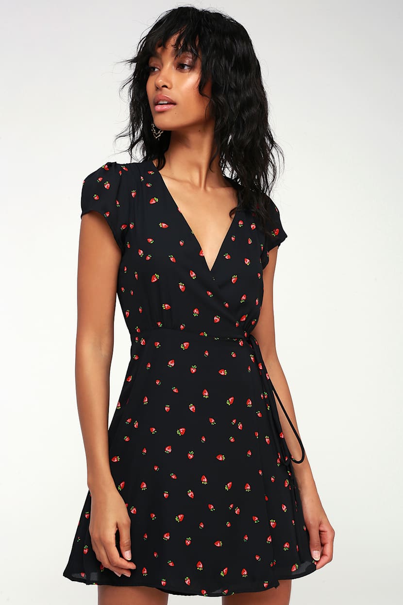 Cute Black Wrap Dress - Strawberry Print Dress - Mini Dress - Lulus