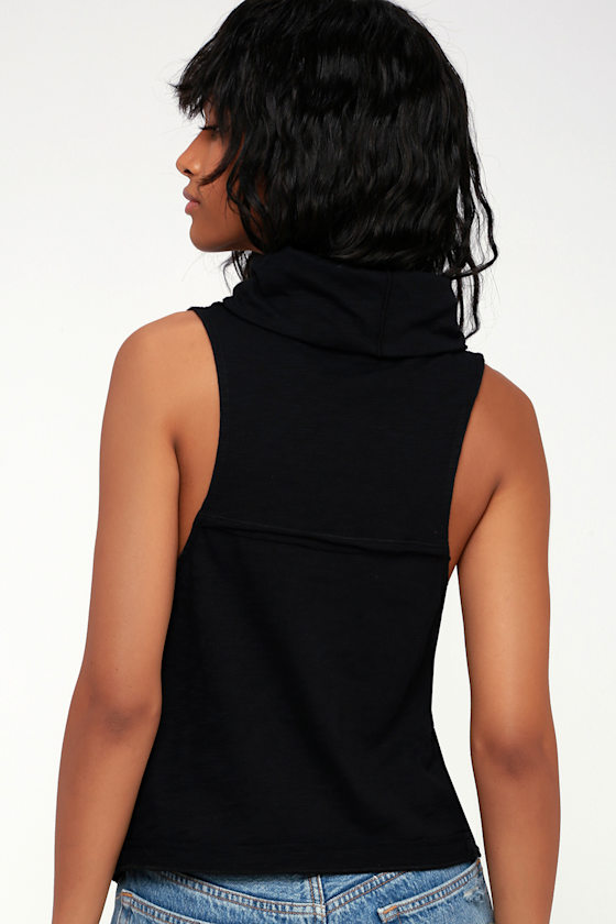 black sleeveless cowl neck top