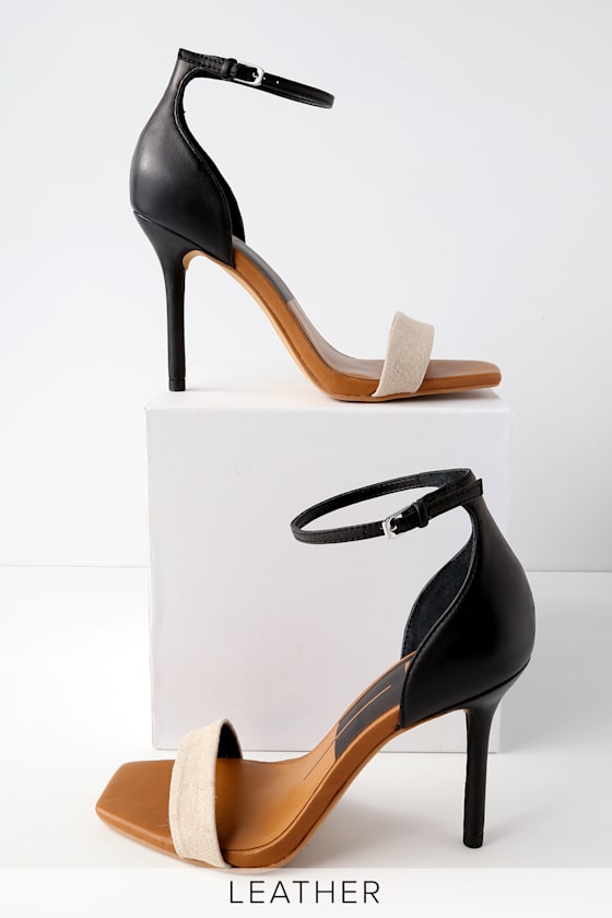 Halo Black and Natural Leather Ankle Strap Heels 6