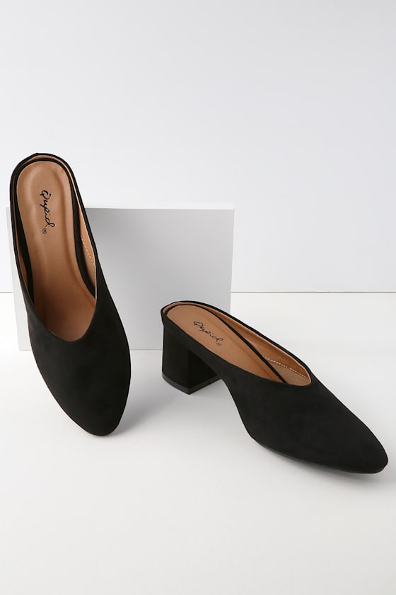 black suede mules block heel