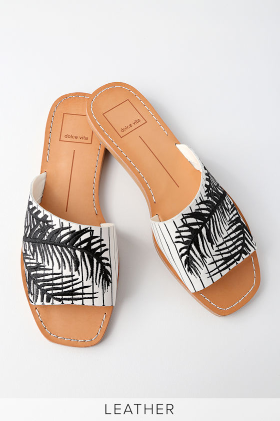 Cato Black and White Embroidered Leather Slide Sandals 6