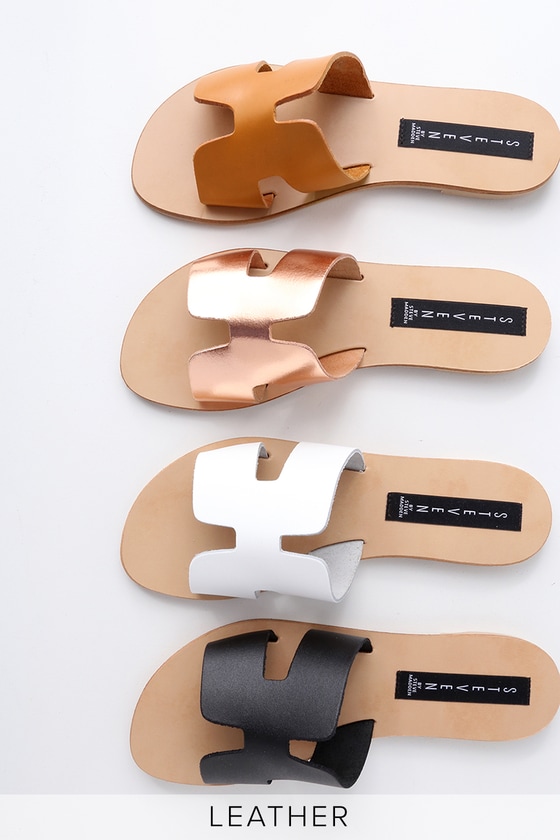 GREECE BLACK LEATHER SLIDE SANDALS