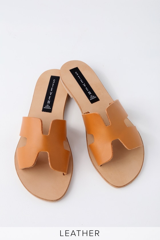greece cognac leather slide sandals