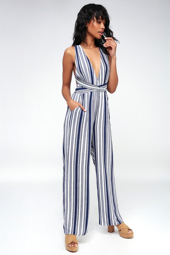 Navy Blue and White Striped Jumpsuit - Halter Jumpsuit - Lulus