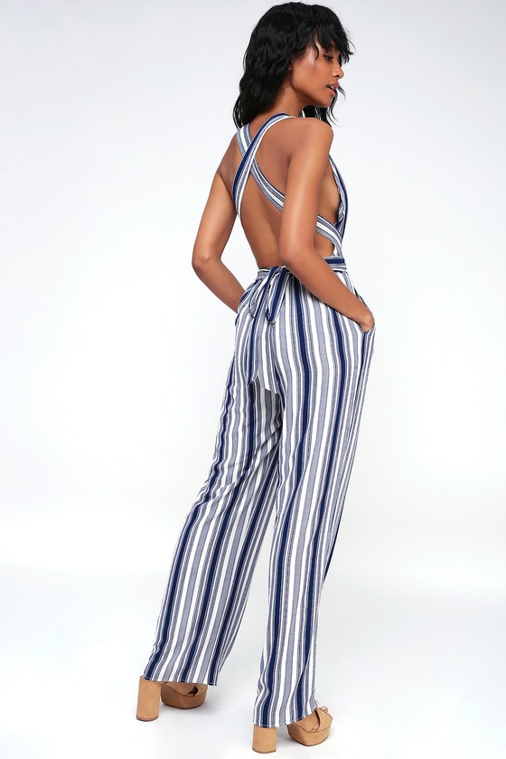 blue and white striped jumpsuit