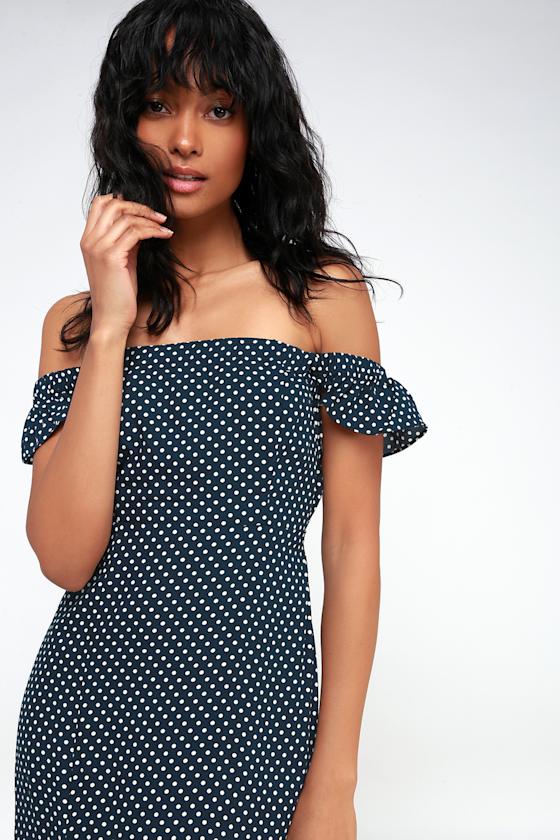 Dream Love Navy Blue Polka Dot Off-the-Shoulder Maxi Dress