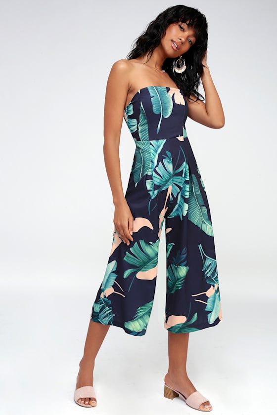 Rainforest Blooms Navy Blue Print Strapless Midi Jumpsuit 8