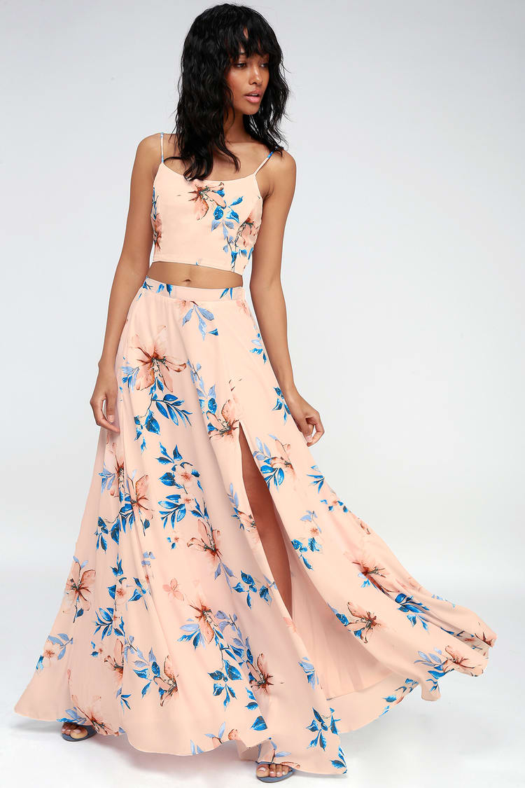 Barefoot at the Beach Light Peach Print Two-Piece Maxi Dress