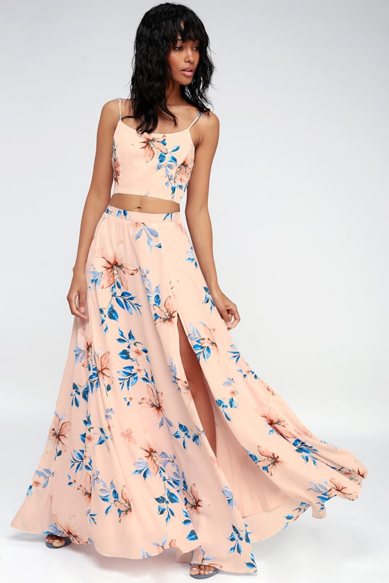 Barefoot at the Beach Light Peach Print Two-Piece Maxi Dress 8