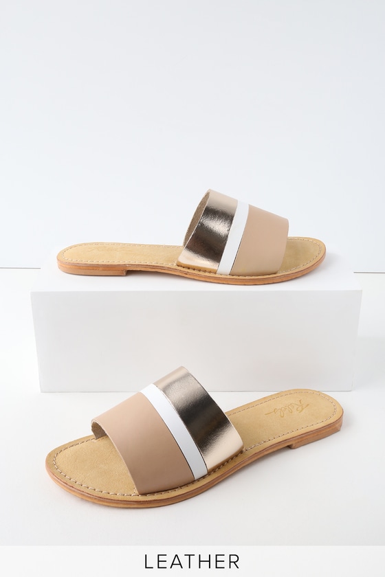 HARMONY SAND LEATHER SLIDE SANDALS