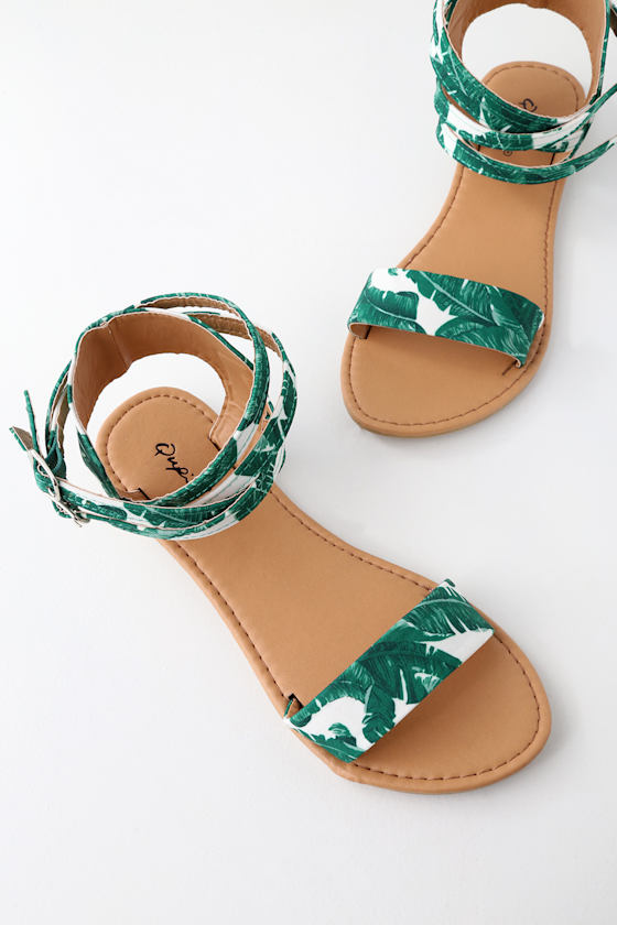 Green and White Tropical Print Sandals Ankle Strap Sandals Lulus