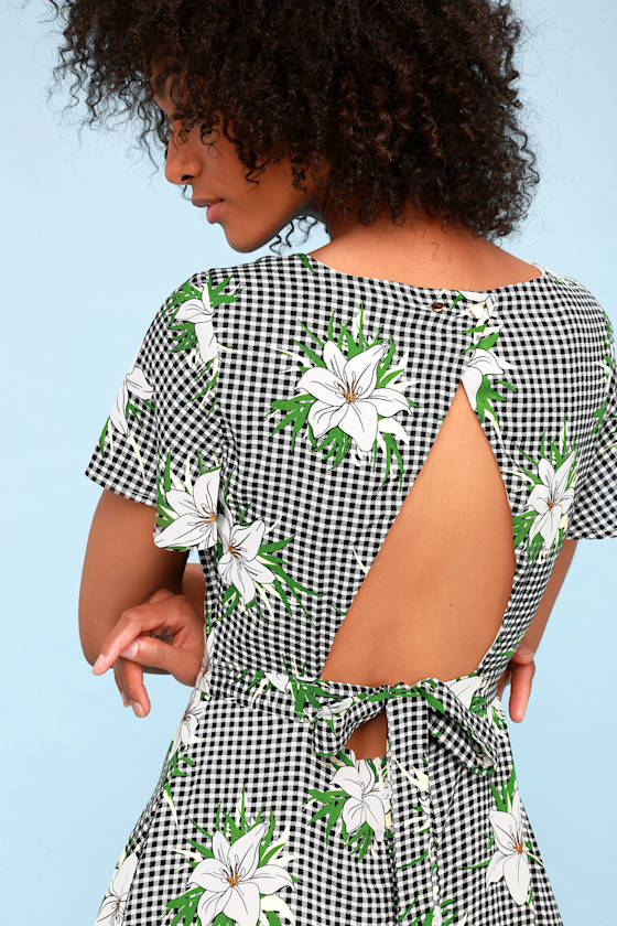Picnic Please Black and White Gingham Floral Print Dress 5