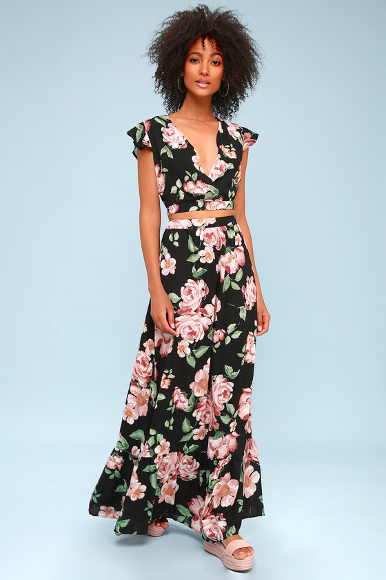 two piece floral black and pink dress