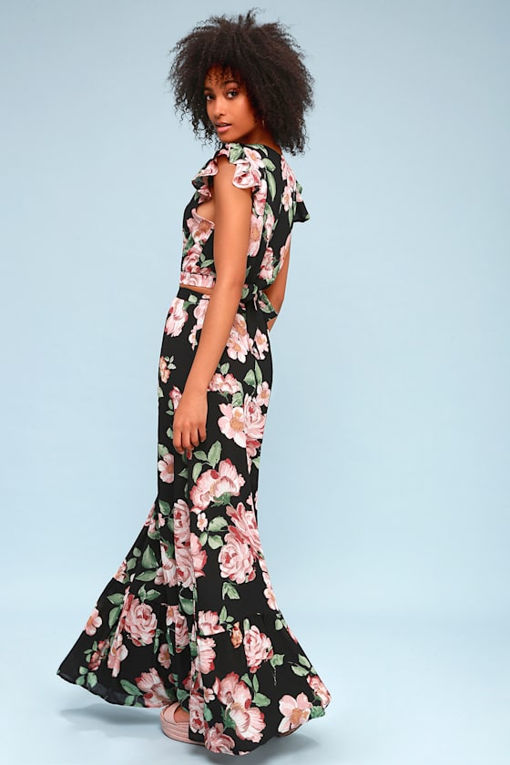 Good Fleur You Black Floral Print Two-Piece Midi Dress 2