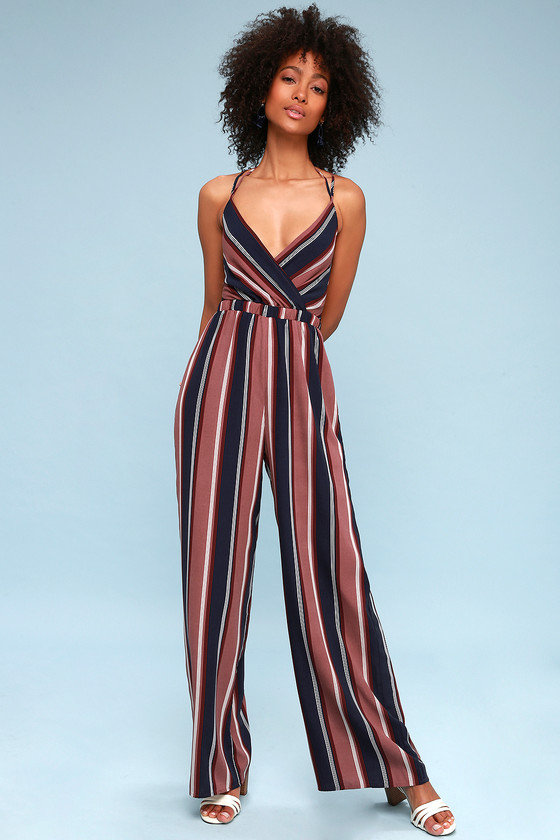 Cool Striped Jumpsuit - Blue and Mauve Jumpsuit - Lulus