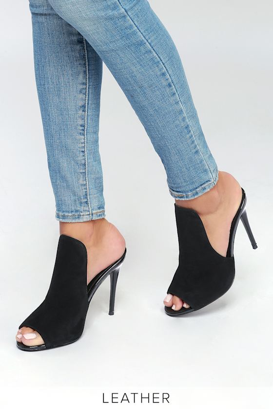 Sinful Black Suede Leather Peep-Toe Mules 2