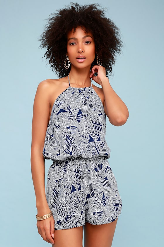 Cute Blue Romper Halter Romper Leaf Print Romper Lulus