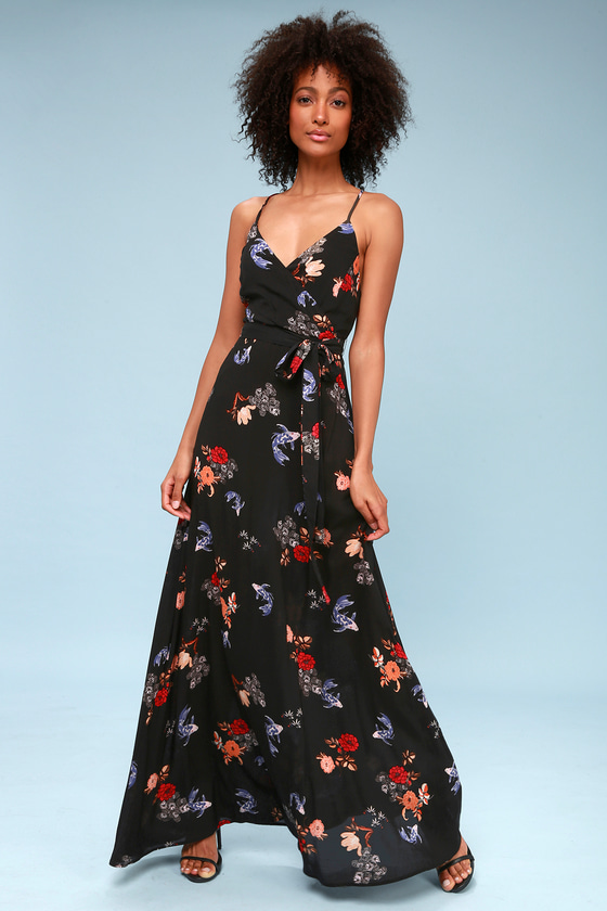 Lovely Floral Dress - Black Maxi Dress - Surplice Maxi Dress - Lulus