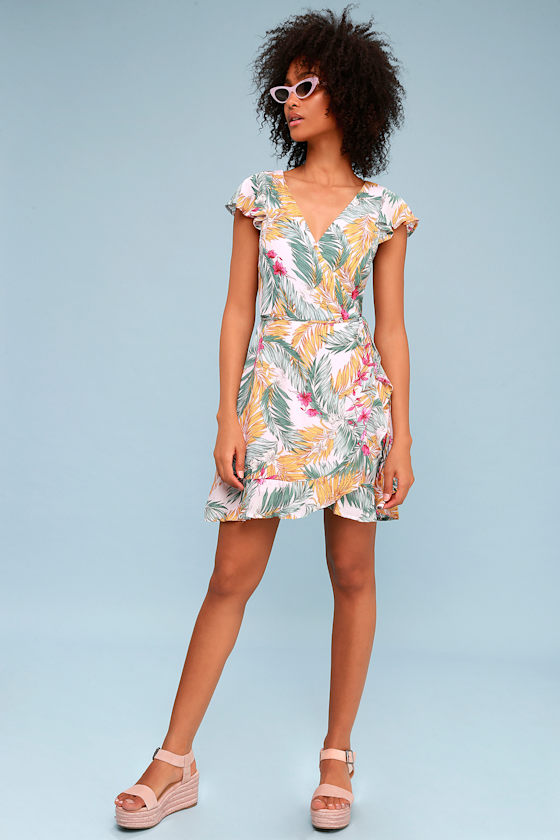 Cool, Palm, and Collected Blush Pink Tropical Print Wrap Dress 1