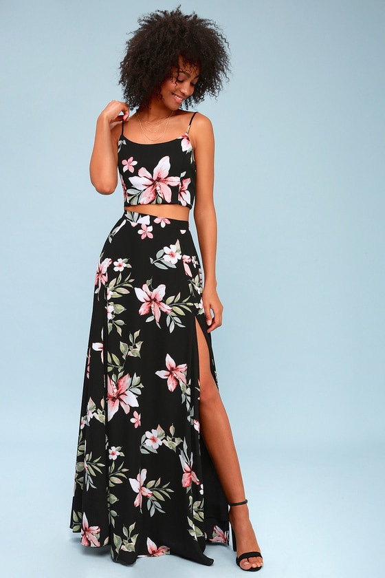 black top floral bottom maxi dress