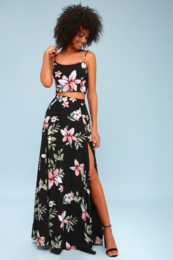 Barefoot at the Beach Black Floral Print Two-Piece Maxi Dress