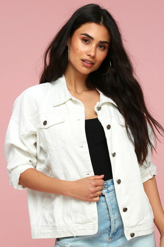 White Denim Jacket - Oversized Distressed Denim Jacket - Lulus