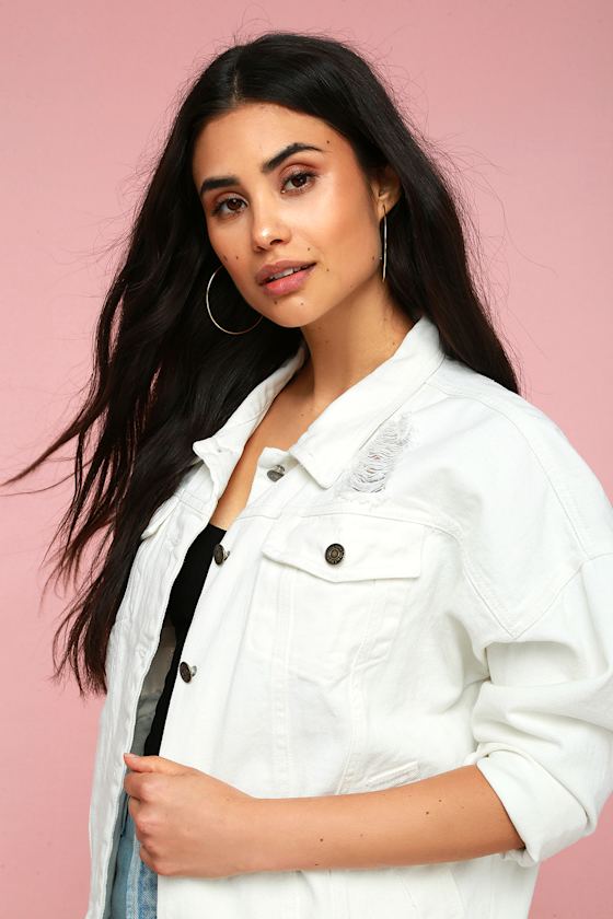 White Denim Jacket Oversized Distressed Denim Jacket