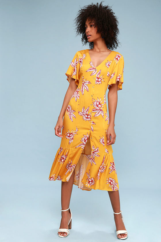 Searing Soul Golden Yellow Floral Print Midi Dress 2