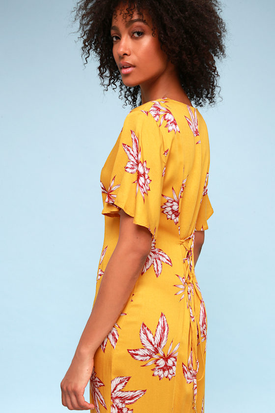 Searing Soul Golden Yellow Floral Print Midi Dress 5
