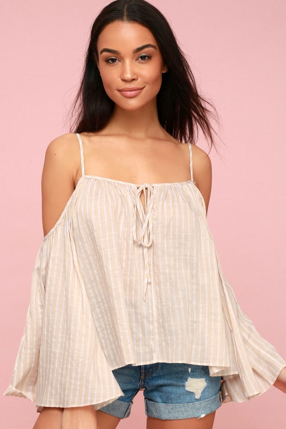 Boho Tan Striped Top - Off-the-Shoulder Top - Peasant Top - Lulus