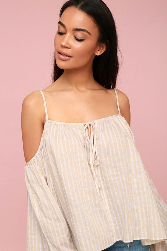 Boho Tan Striped Top OfftheShoulder Top Peasant Top Lulus
