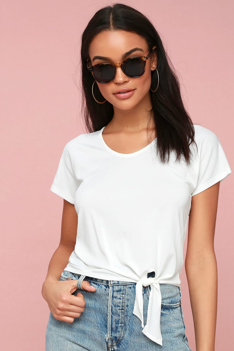 All Day White Tie-Front Tee