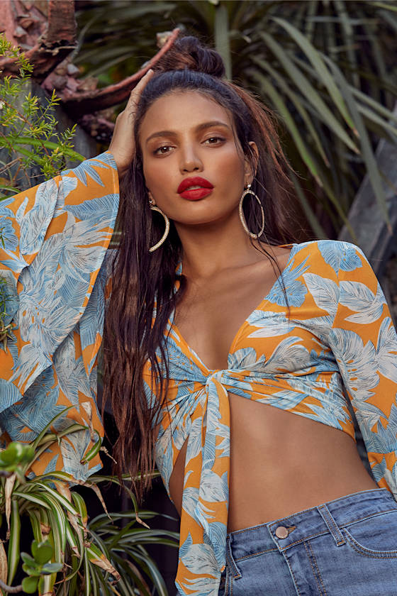 Cabana Queen Golden Yellow Tropical Print Tie-Front Crop Top 5