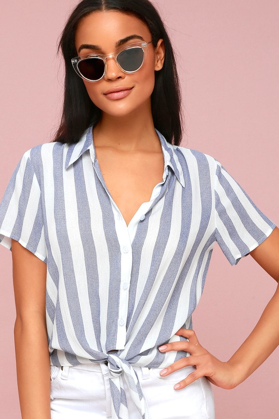 Portofino Coast Navy Blue Striped Button-Up Tie-Front Top