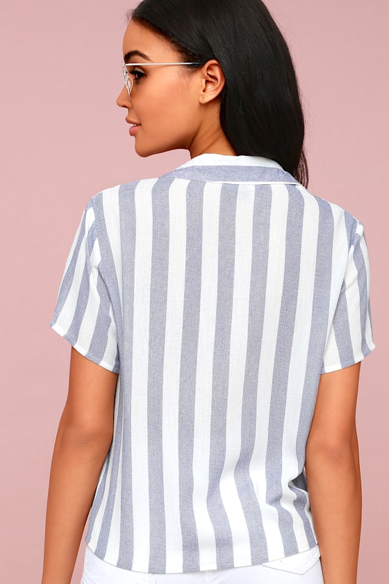 Portofino Coast Navy Blue Striped Button-Up Tie-Front Top 3