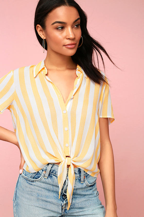 Portofino Coast Yellow Striped Button-Up Tie-Front Top 5