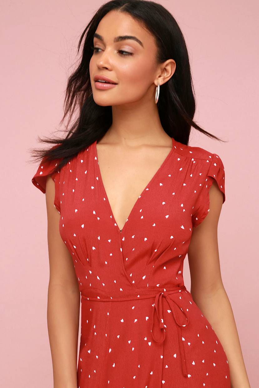 Dancer Red Heart Print Wrap Midi Dress