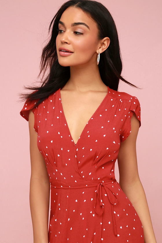 Dancer Red Heart Print Wrap Midi Dress 5