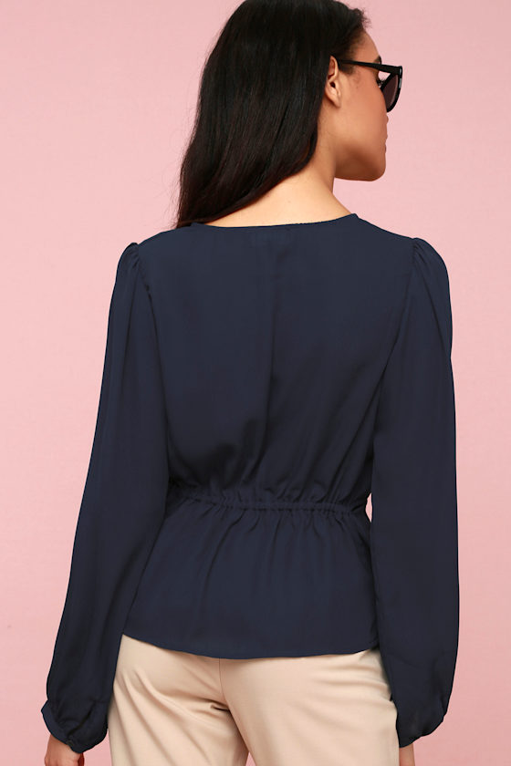 Twist and Clout Navy Blue Long Sleeve Peplum Top 5
